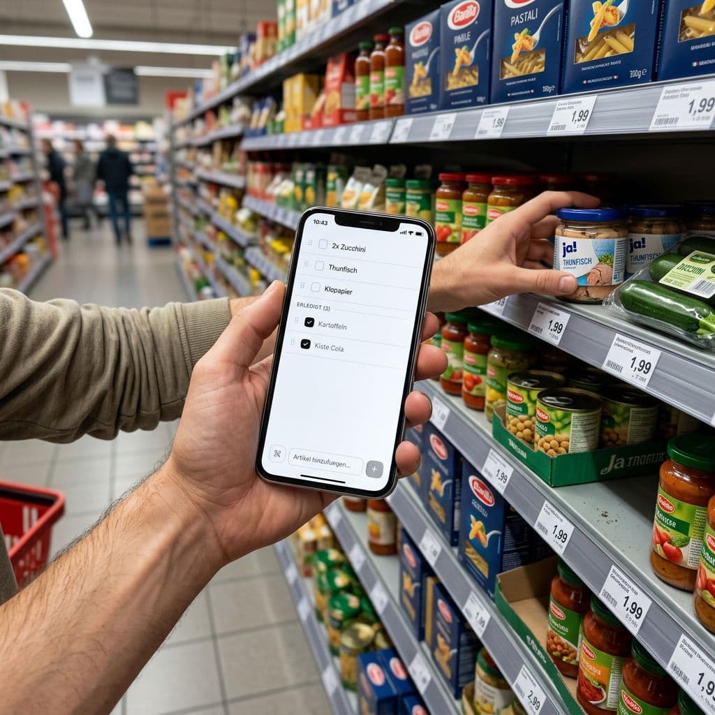 Einkaufsliste auf dem Handy im Supermarktregal