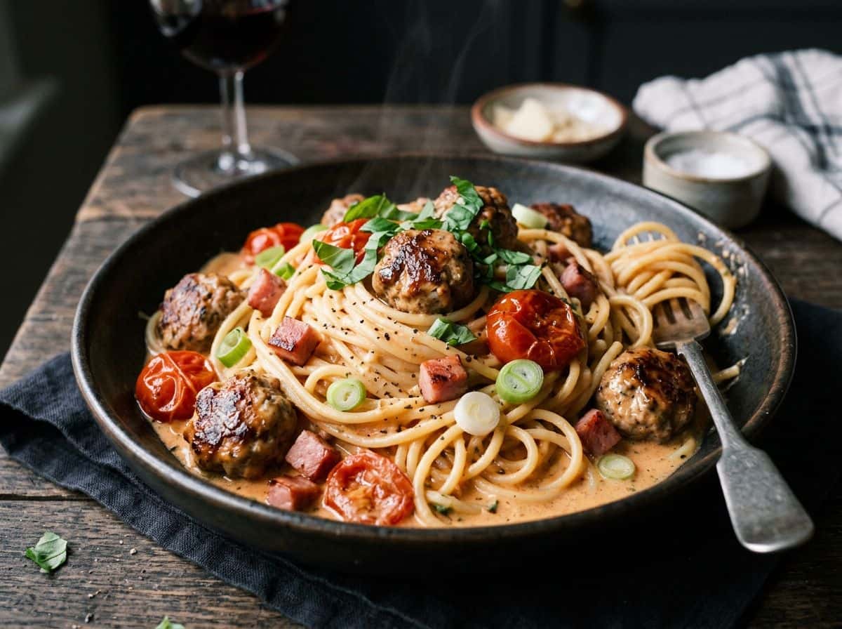 Pasta mit Hackklößchen in Tomatensahne