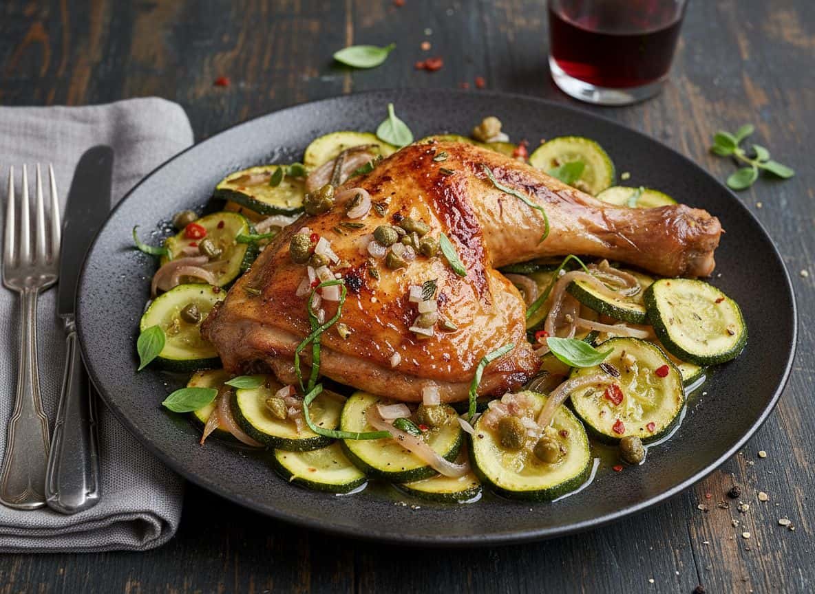 Ofen-Hähnchenschenkel mit Zucchini und Kräuter-Vinaigrette