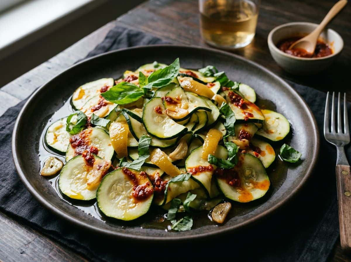 Zucchini mit Harissa, eingelegter Zitrone und Basilikum