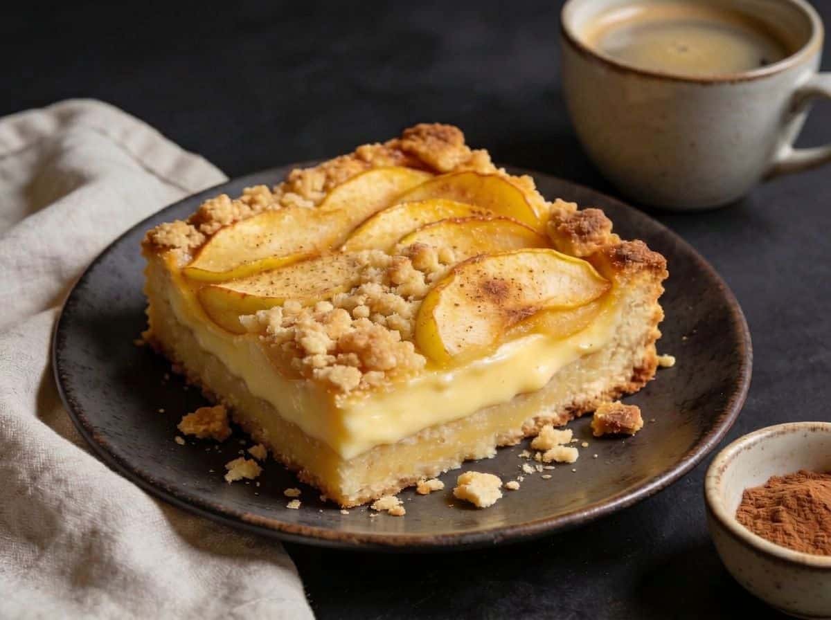 Apfelkuchen vom Blech mit Streuseln und Vanillepudding