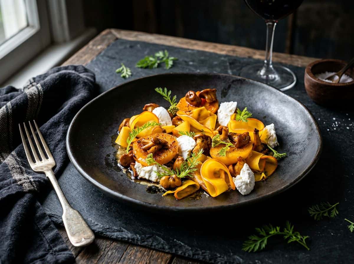 Kürbis-Antipasto mit Aprikosen, Pfifferlingen und Manouri